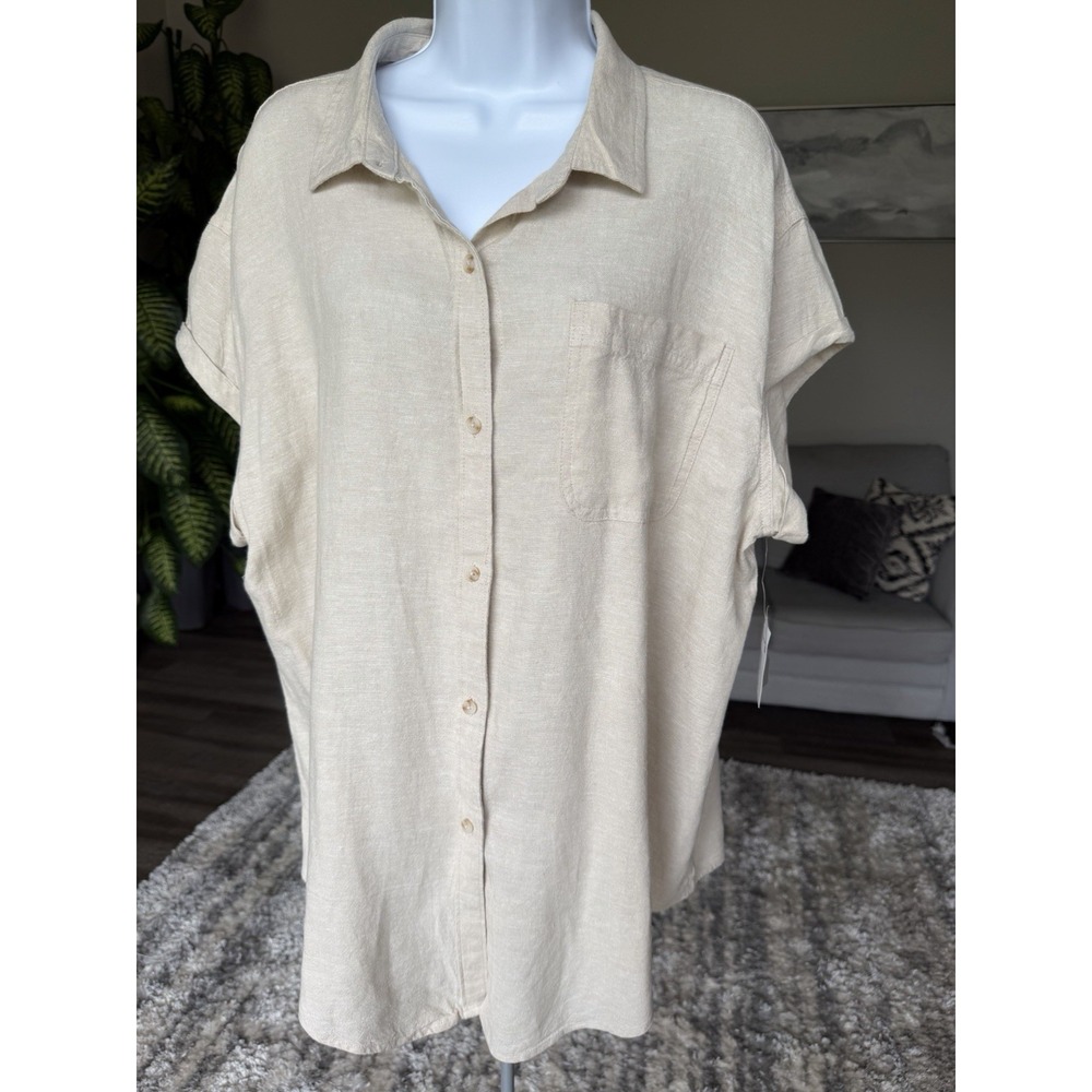Falls Creek Womens XL Linen Rayon Blend Button Up Shirt Beige Short Sleeve Top